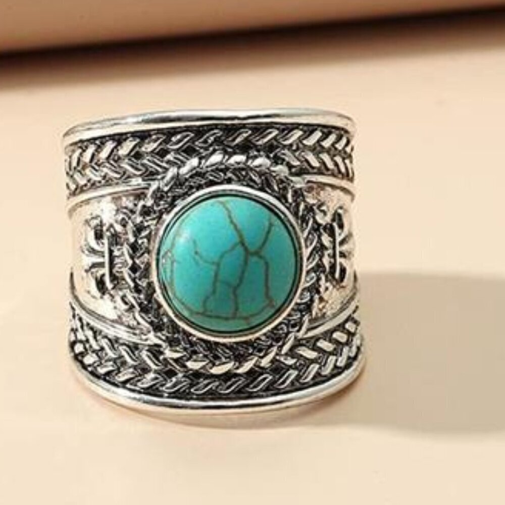 Vintage Style Adjustable Boho Turquoise Color Stone Wide Statement Ring